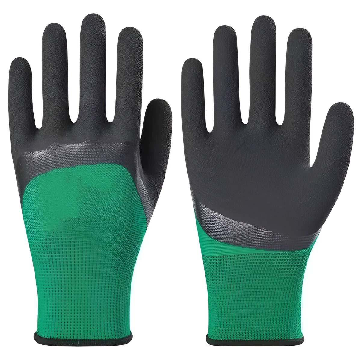 Pair of black and green rubber work gloves with a textured, non-slip surface on the palms and fingers.