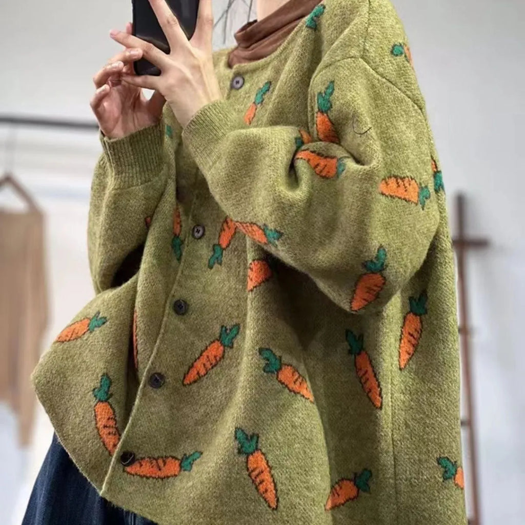 Round neck artistic print viscose cardigan sweater in loose street fashion style