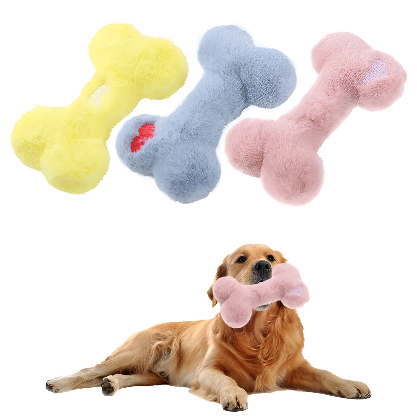 Blue Love Bone shaped plush dog toy with squeaker on a plain background.