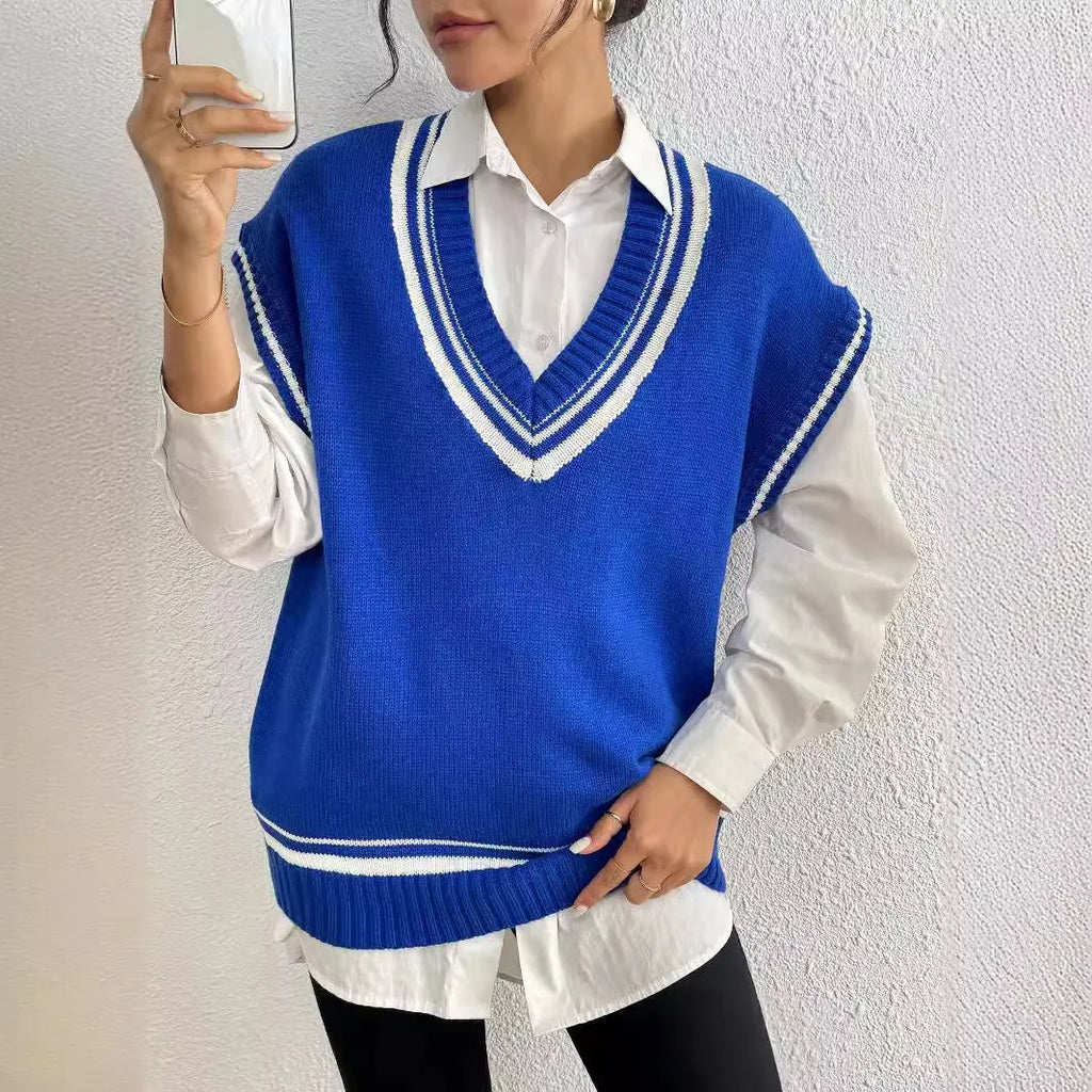 A loose-fit women's vest sweater in a college style, shown in a choice of colours.