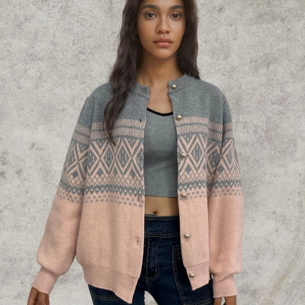 Women's alpaca wool blend cardigan with diamond knit pattern and long sleeves in street fashion style
