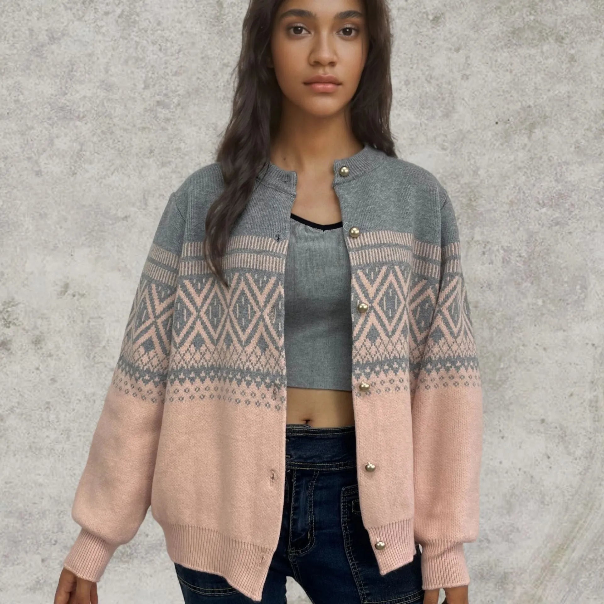 Women's alpaca wool blend cardigan with diamond knit pattern and long sleeves in street fashion style