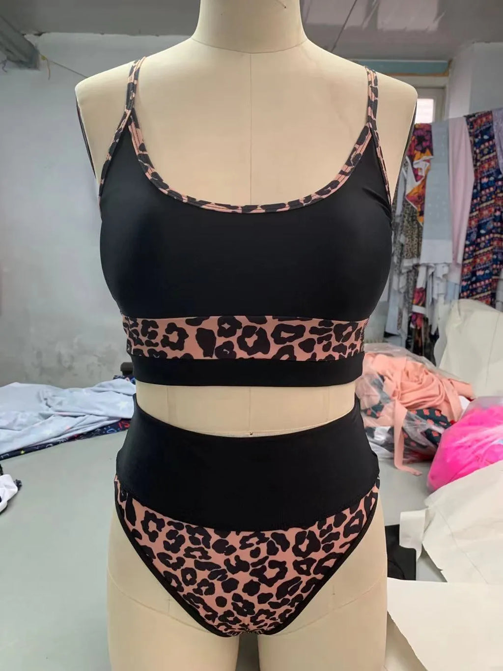 Women's high waist split leg bikini swimsuit in leopard print or white colour