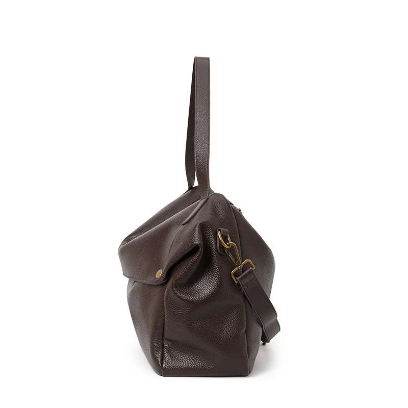 Brown genuine leather women's shoulder bag with horizontal square shape for commuting