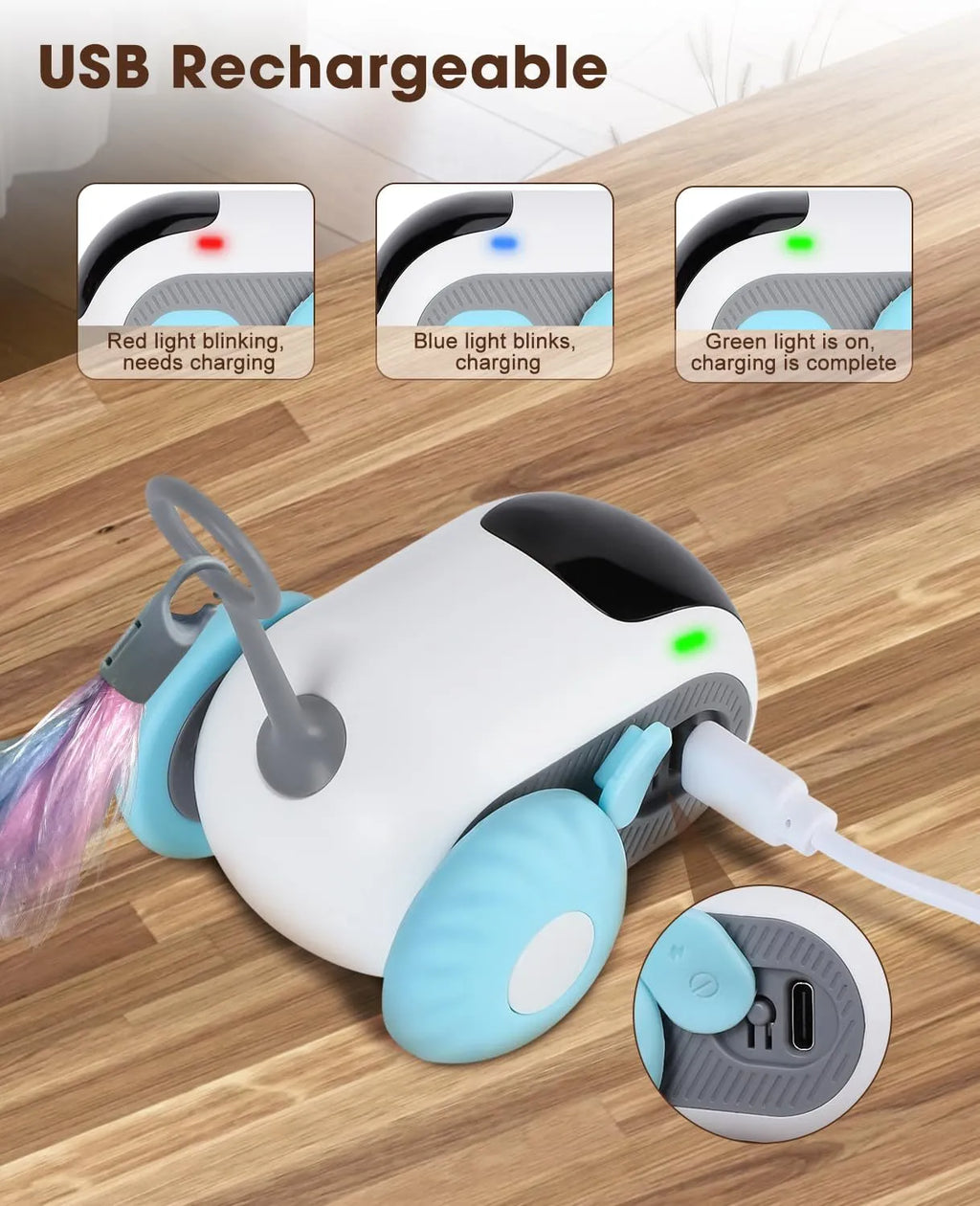 Blue interactive cat toy car with feather attachment and remote control on wooden floor