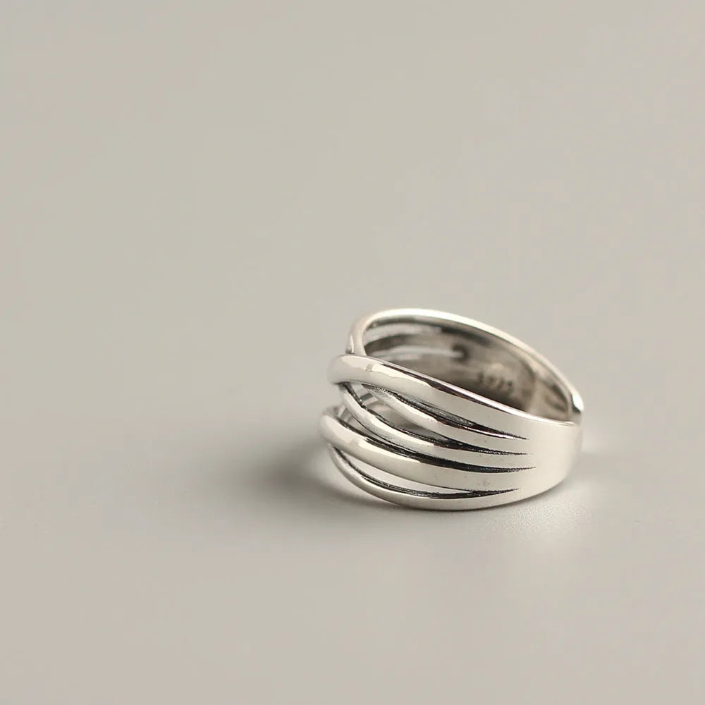 S925 sterling silver vintage weave ring for women with open design and retro silver finish