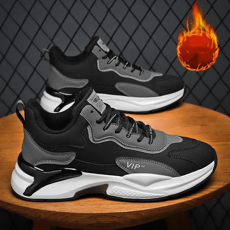 Men's black white lightweight breathable synthetic leather lace-up casual sneakers with round toe