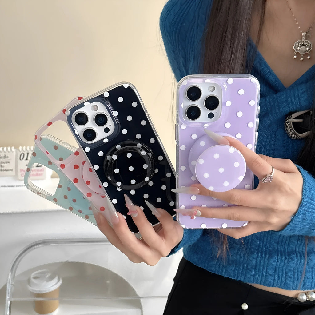 Polka dot phone case with magnetic bracket for Apple iPhone Pro Max models in black