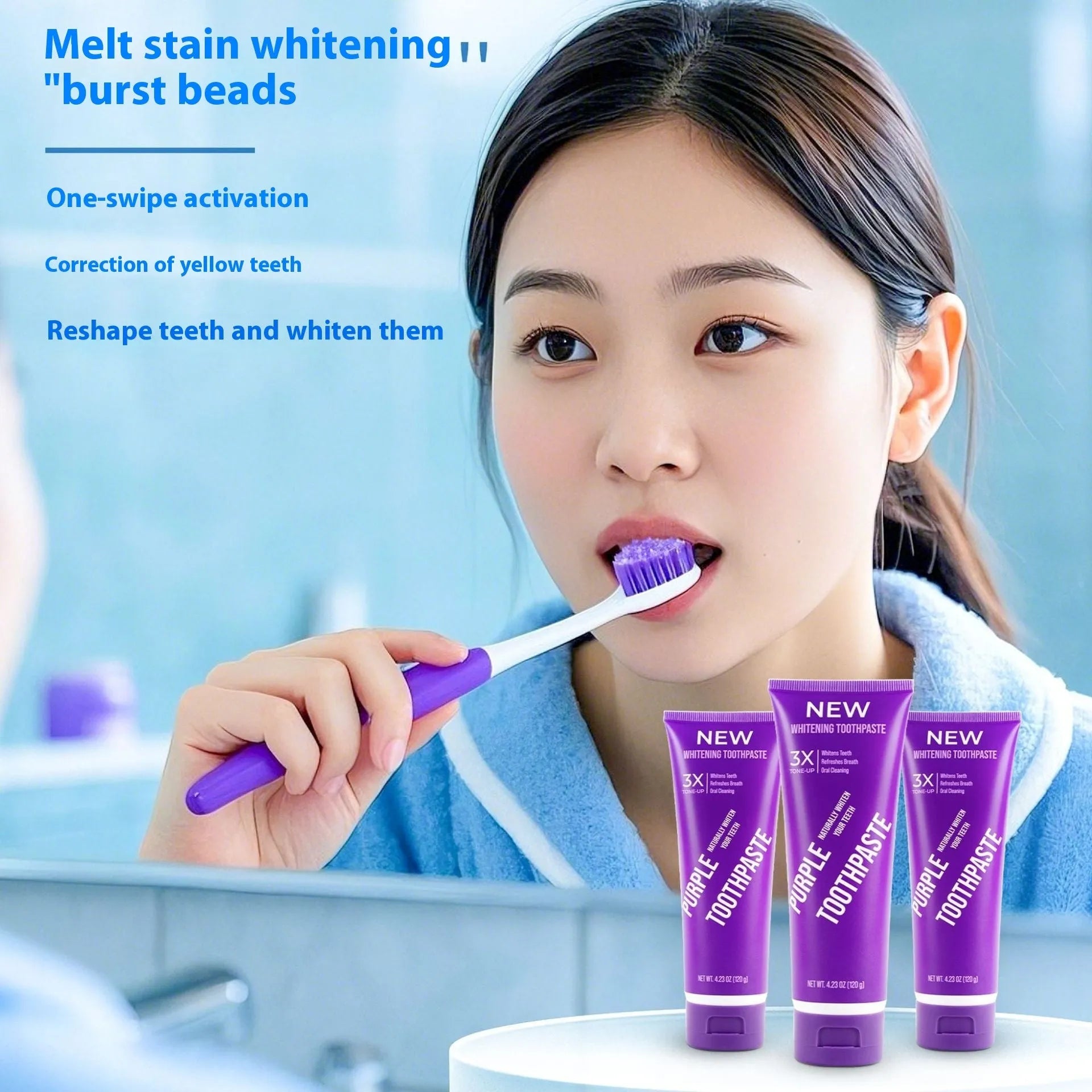 Purple whitening toothpaste tube for adults in 120g and 65g sizes for removing yellow stains