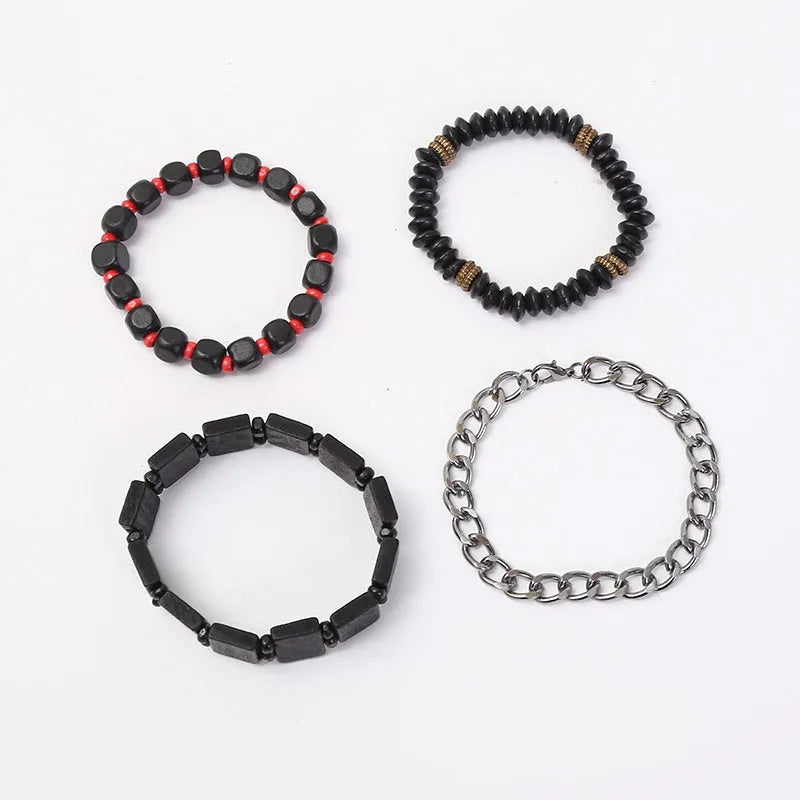Retro woven alloy men's beaded bracelet set of four unisex handmade bracelets in different colours