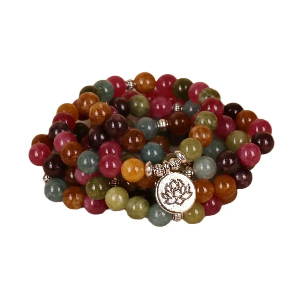 Natural tourmaline 108 bead bracelet with lotus pendant and multi-layer adjustable design