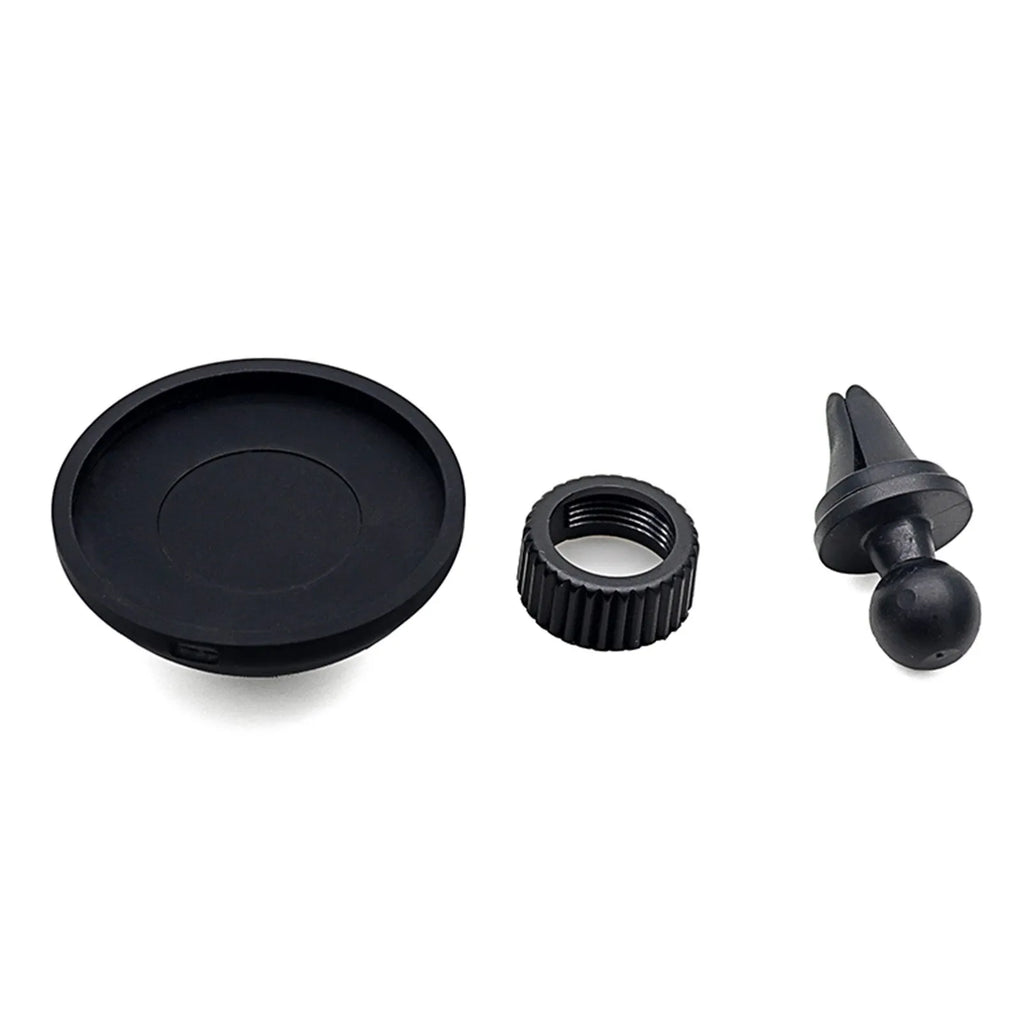 Black magnetic car mobile phone holder showing both air vent and dashboard base mounting options