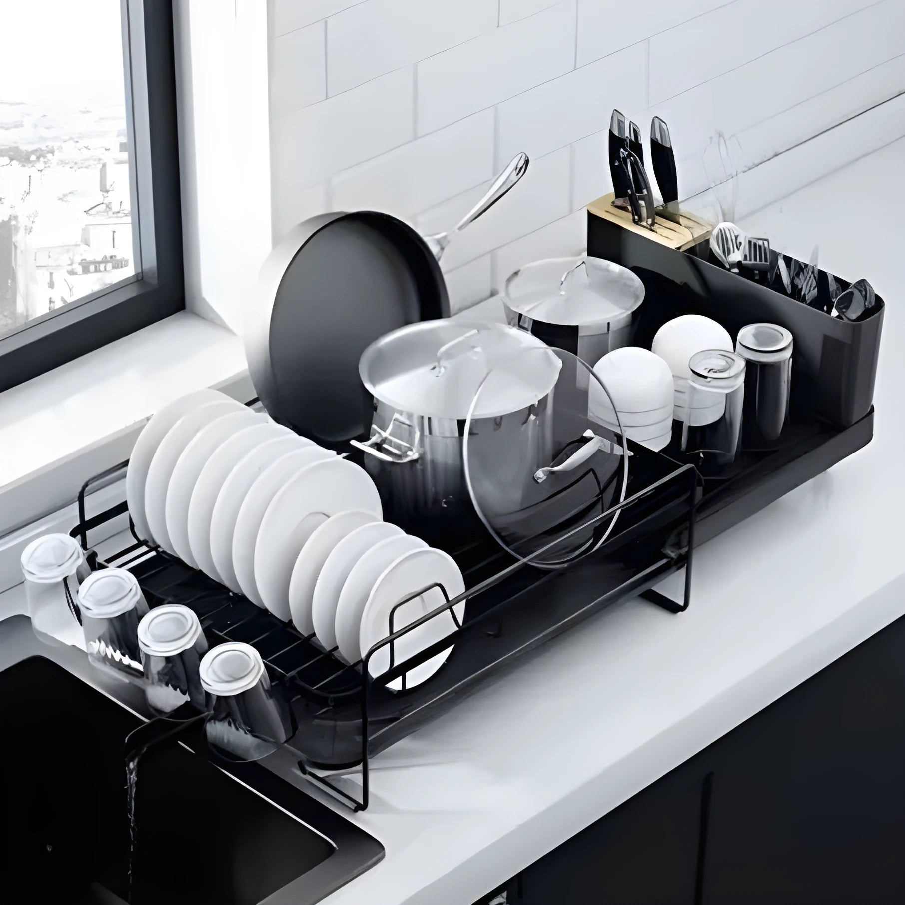 Retractable foldable kitchen dish rack made of carbon steel with cutlery and cup holders.