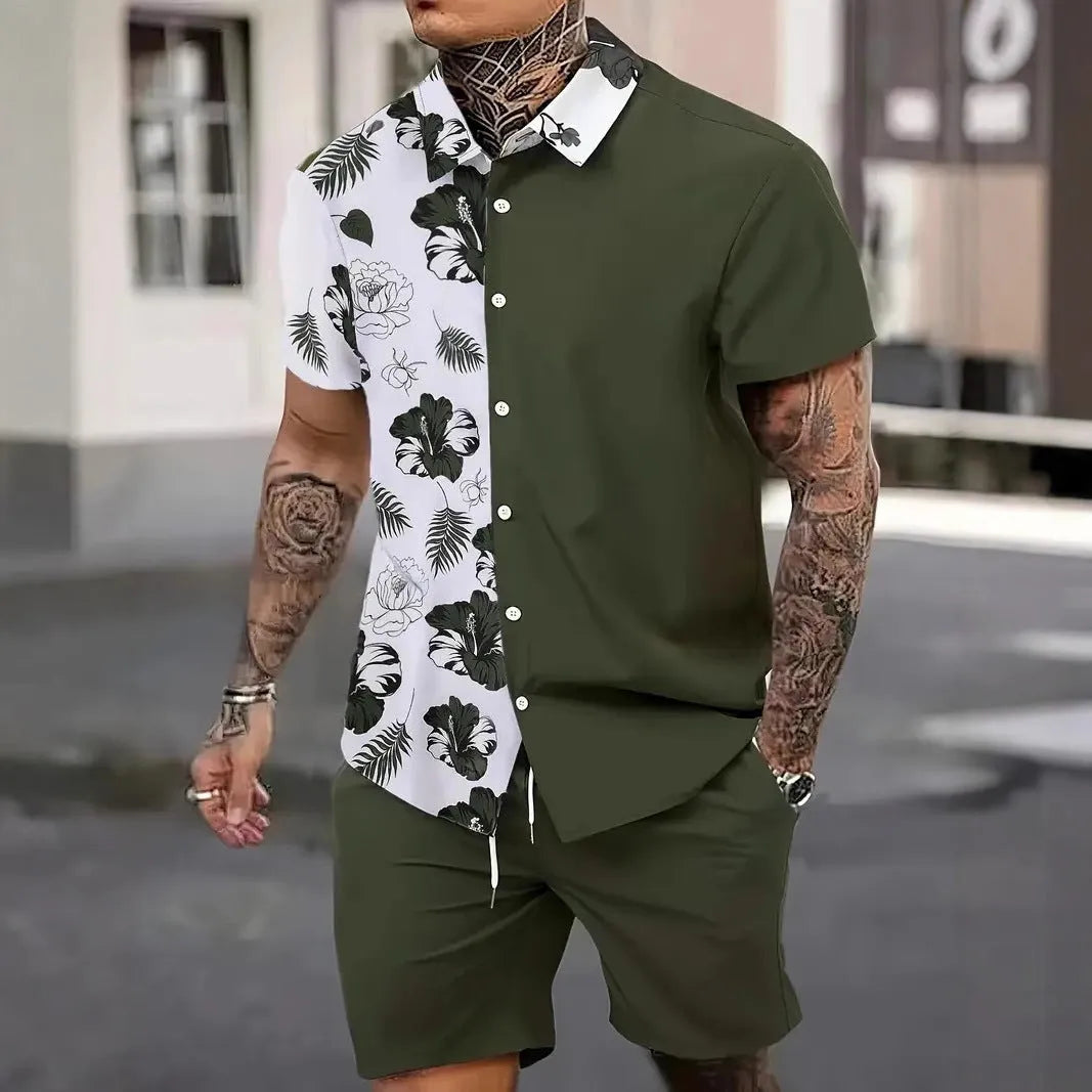 Man modelling a 3D printed Hawaii pattern short sleeve top and matching shorts leisure suit.
