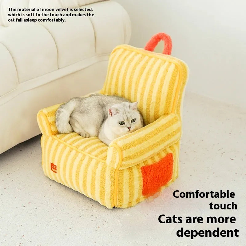 Striped orange purple yellow velvet pet bed with removable cushion for small dogs cats