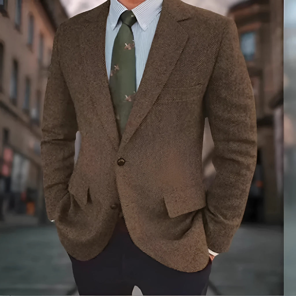 Men's brown herringbone pattern retro suit jacket with long sleeves and flax lining.