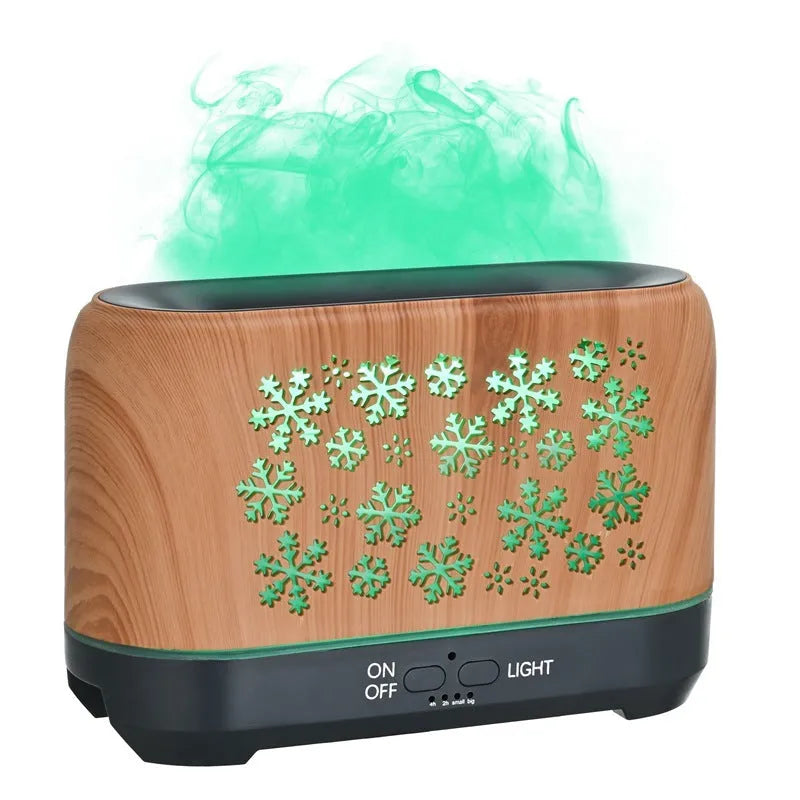 Christmas snowflake pattern humidifier with colourful flame effect and wood grain finish