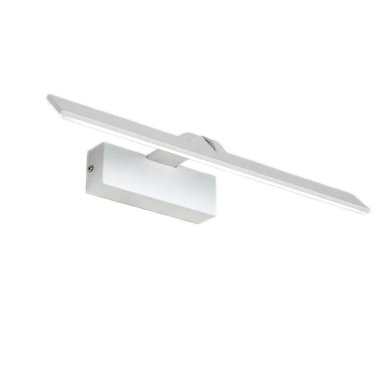 White wall-mounted LED mirror headlight with integrated mirror surface, shown in a bathroom setting.