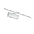 White wall-mounted LED mirror headlight with integrated mirror surface, shown in a bathroom setting.
