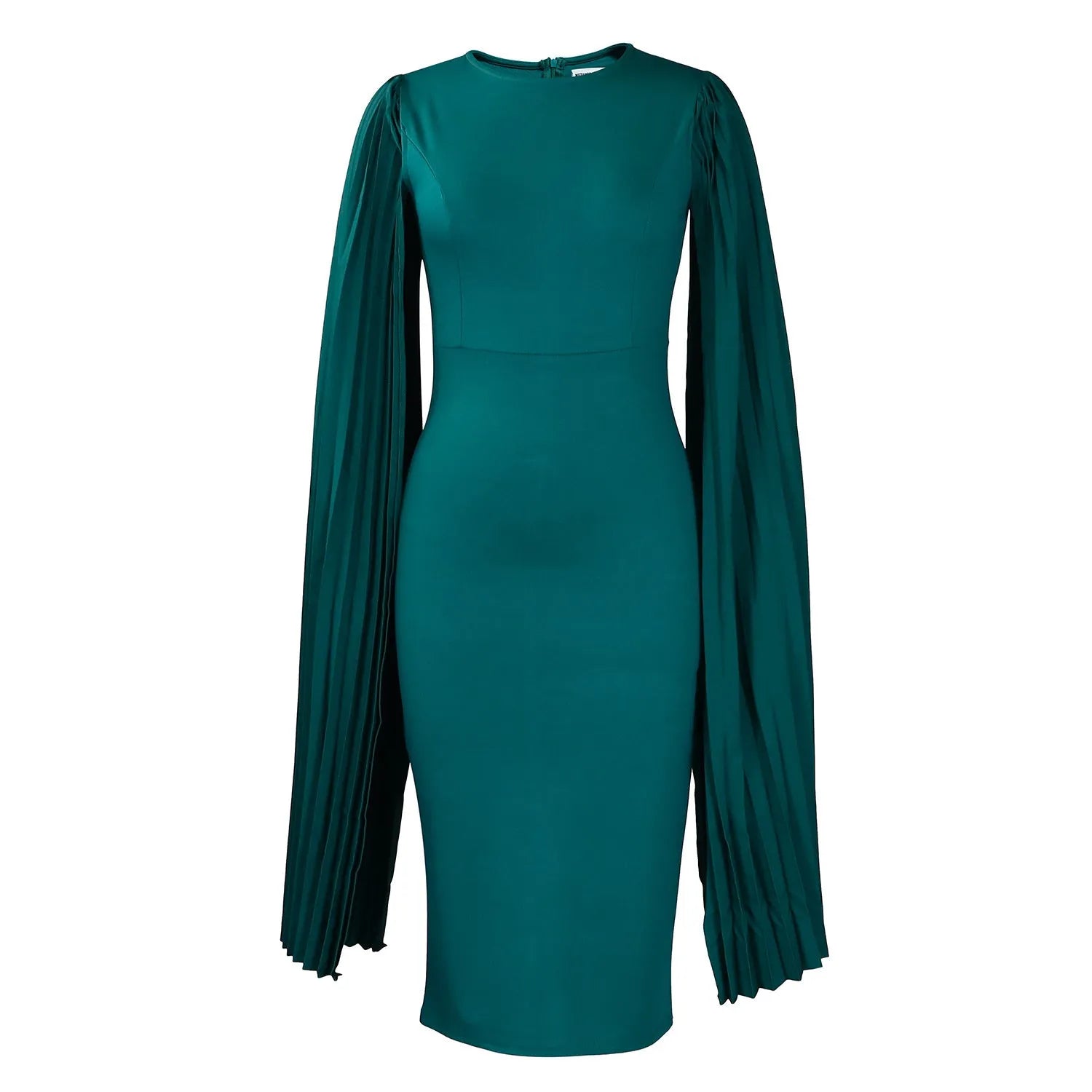 Round neck evening gown with pleated shawl collar and long sleeves in polyester fabric