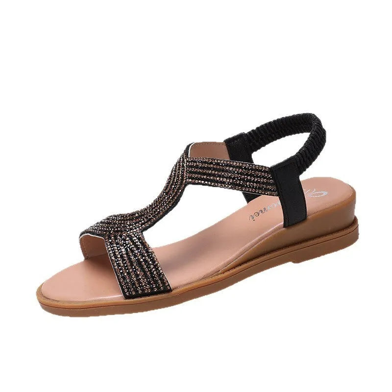 Women's gold patent leather beach sandals with rhinestone decoration and round toe design