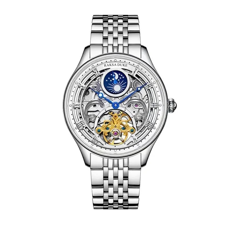 Men's waterproof business watch with stainless steel strap showing 16mm thickness and rose gold or white case options.