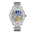 Men's waterproof business watch with stainless steel strap showing 16mm thickness and rose gold or white case options.