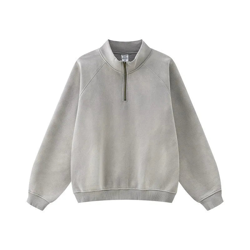 Men's half zipped stand collar pullover sweater in solid colour with side pockets, polyester fibre, leisure wear