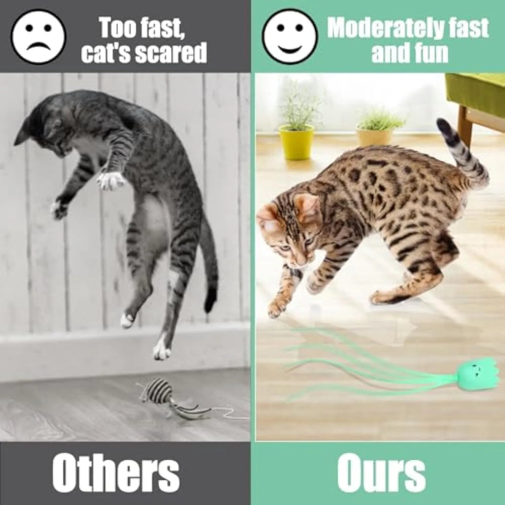 Green electronic cat wand toy with wiggling silicone tail for indoor cat play