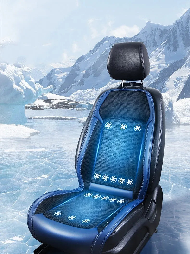 Black car seat cooling pad with ventilation fan and USB cable on vehicle seat