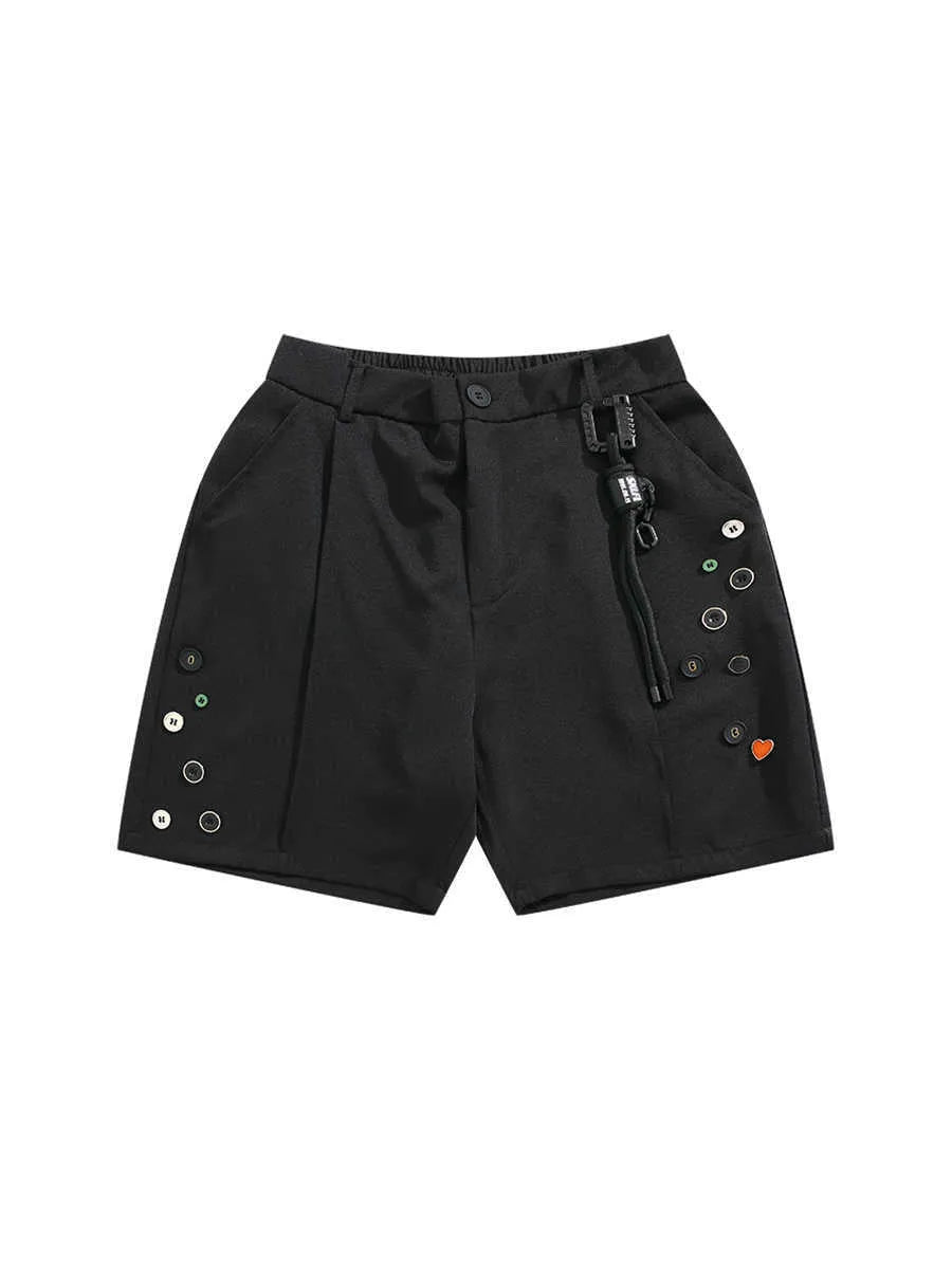 Men's black loose-fit casual shorts with a semi-elastic waistband, colour button, and zipper fly.