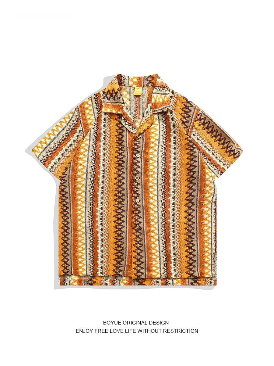 Ethnic style woven Cuban collar shirt with contrasting colour details and drop-shoulder short sleeves