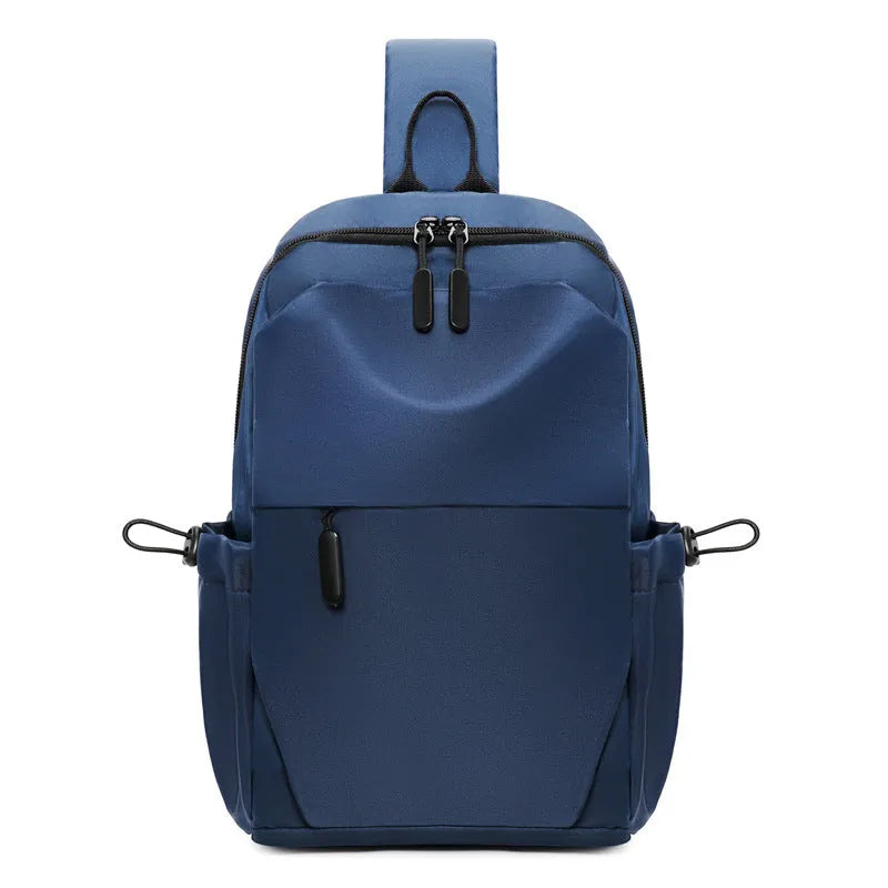 Mens grey waterproof chest bag showing front compartment and shoulder strap