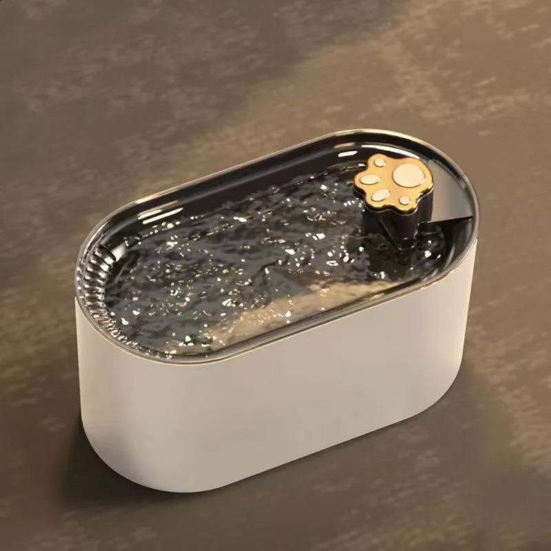 Berlin blue automatic pet water fountain with filter on a kitchen floor.