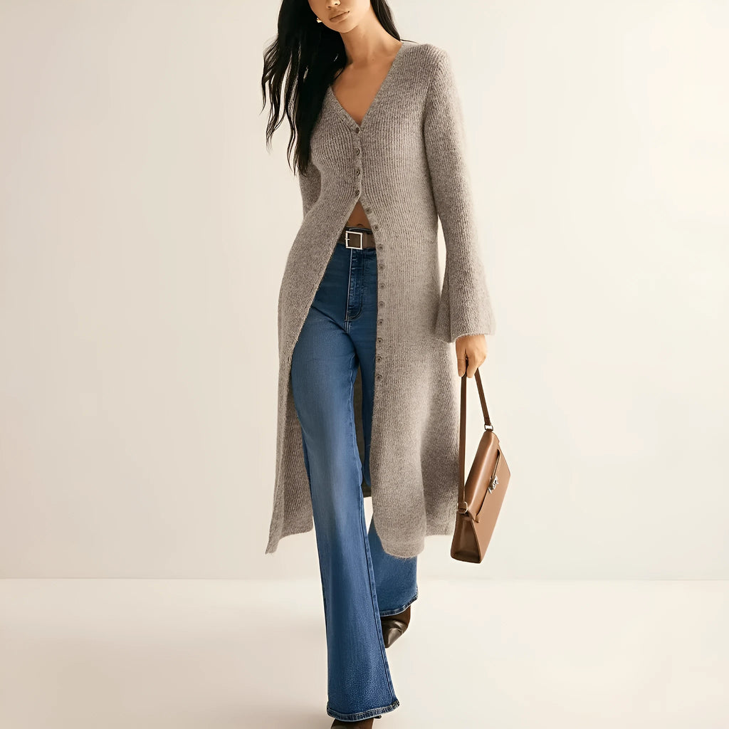 Khaki French retro cardigan coat with button front closure and long sleeves