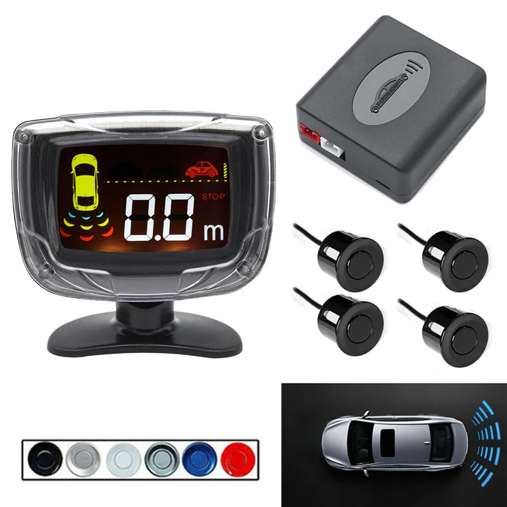 Wireless vehicle reversing sensor kit with 4 probes, control unit, and LED display with distance indicators