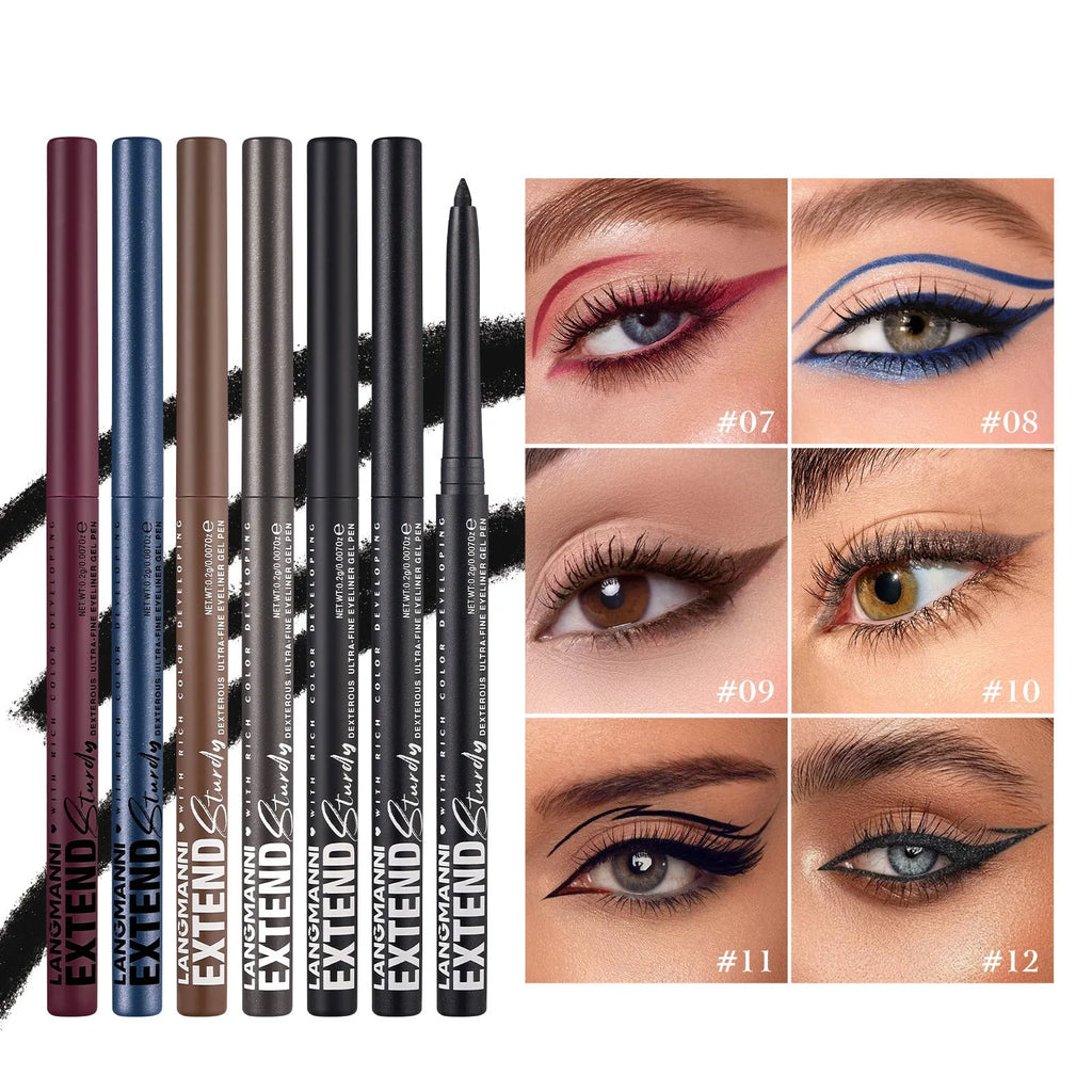 Set of 12 colourful gel glitter eyeliner pencils with various shades and effects for waterproof makeup