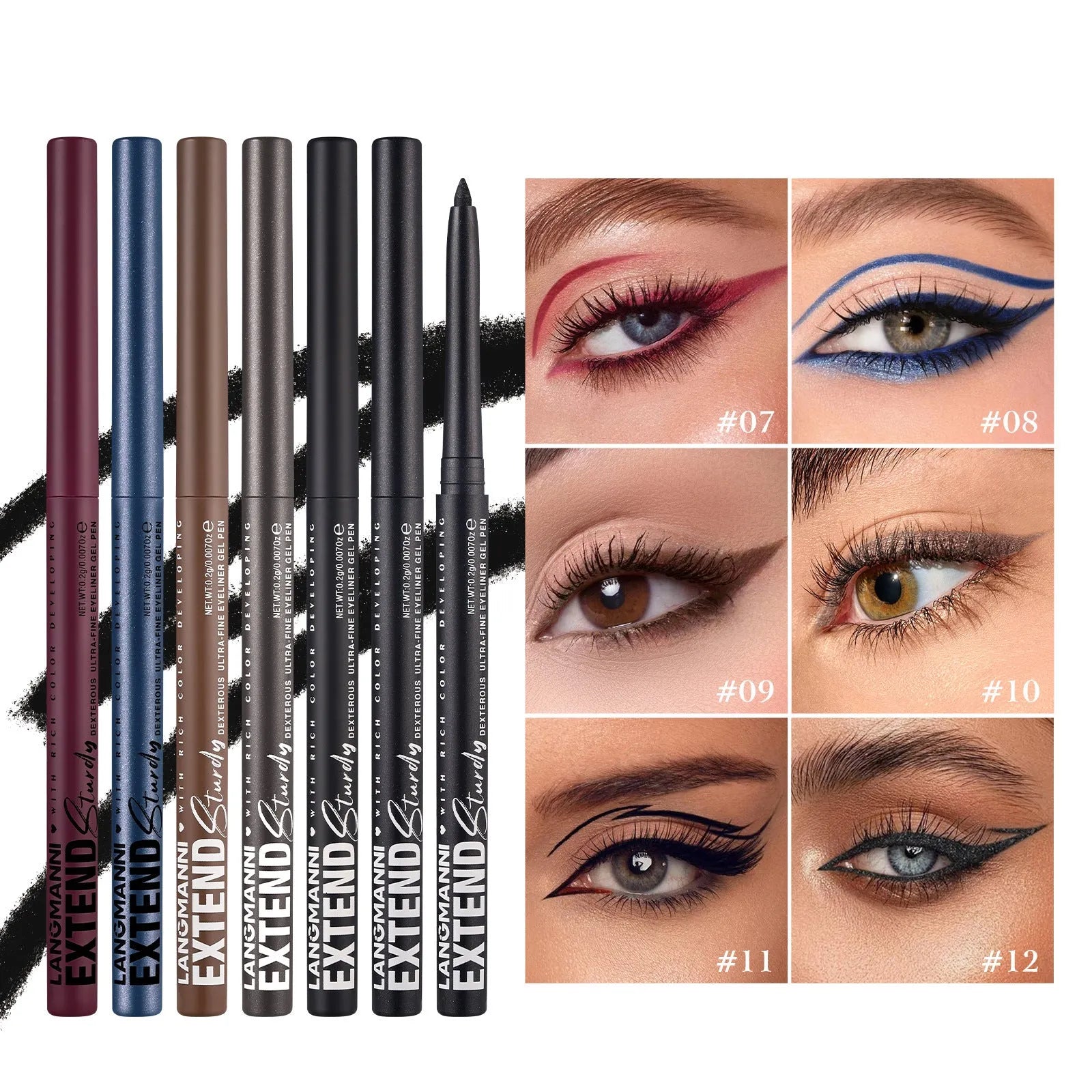 Set of 12 colourful gel glitter eyeliner pencils with various shades and effects for waterproof makeup