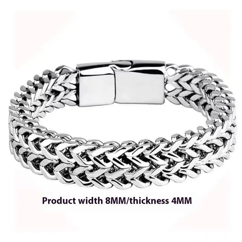Silver titanium steel men's geometric link bracelet showing 4x8mm and 5x10mm size options.