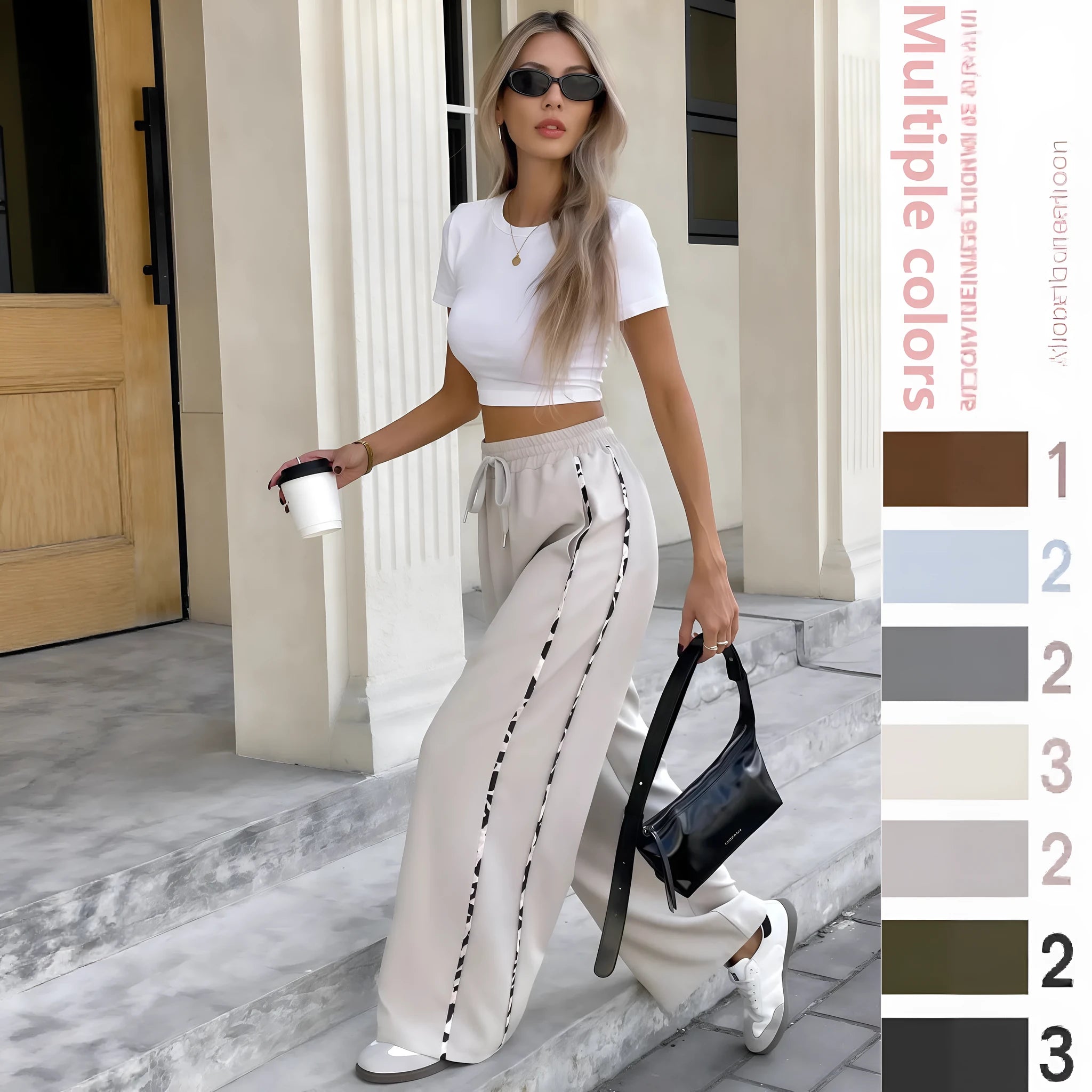 High-waisted loose straight leg casual trousers with a front lace-up drawstring detail.