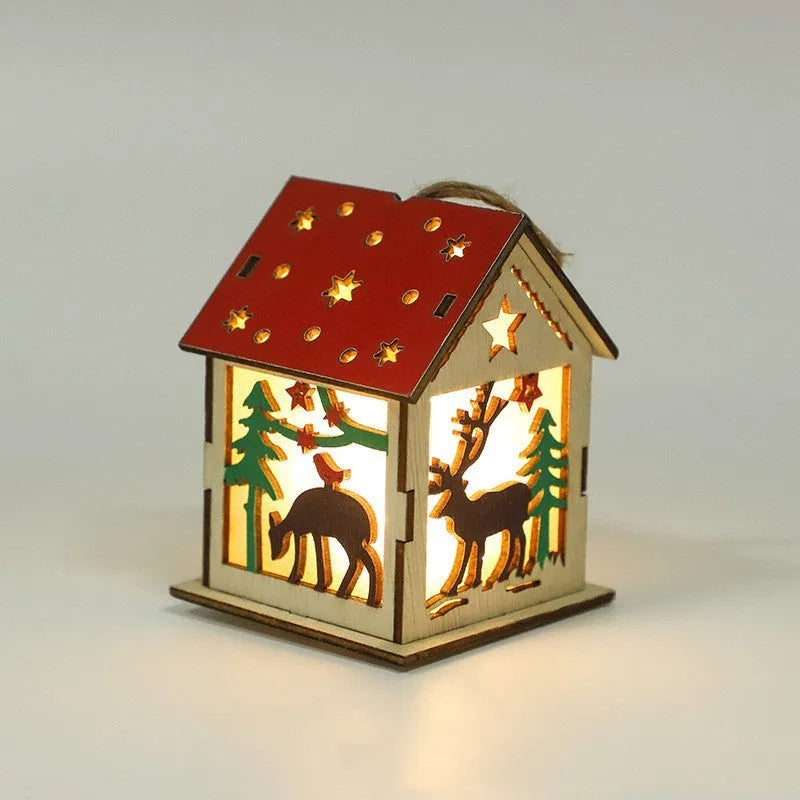 Wooden Christmas pendant with luminous glow, style option A (Elk), measuring 7cm by 7cm by 9cm