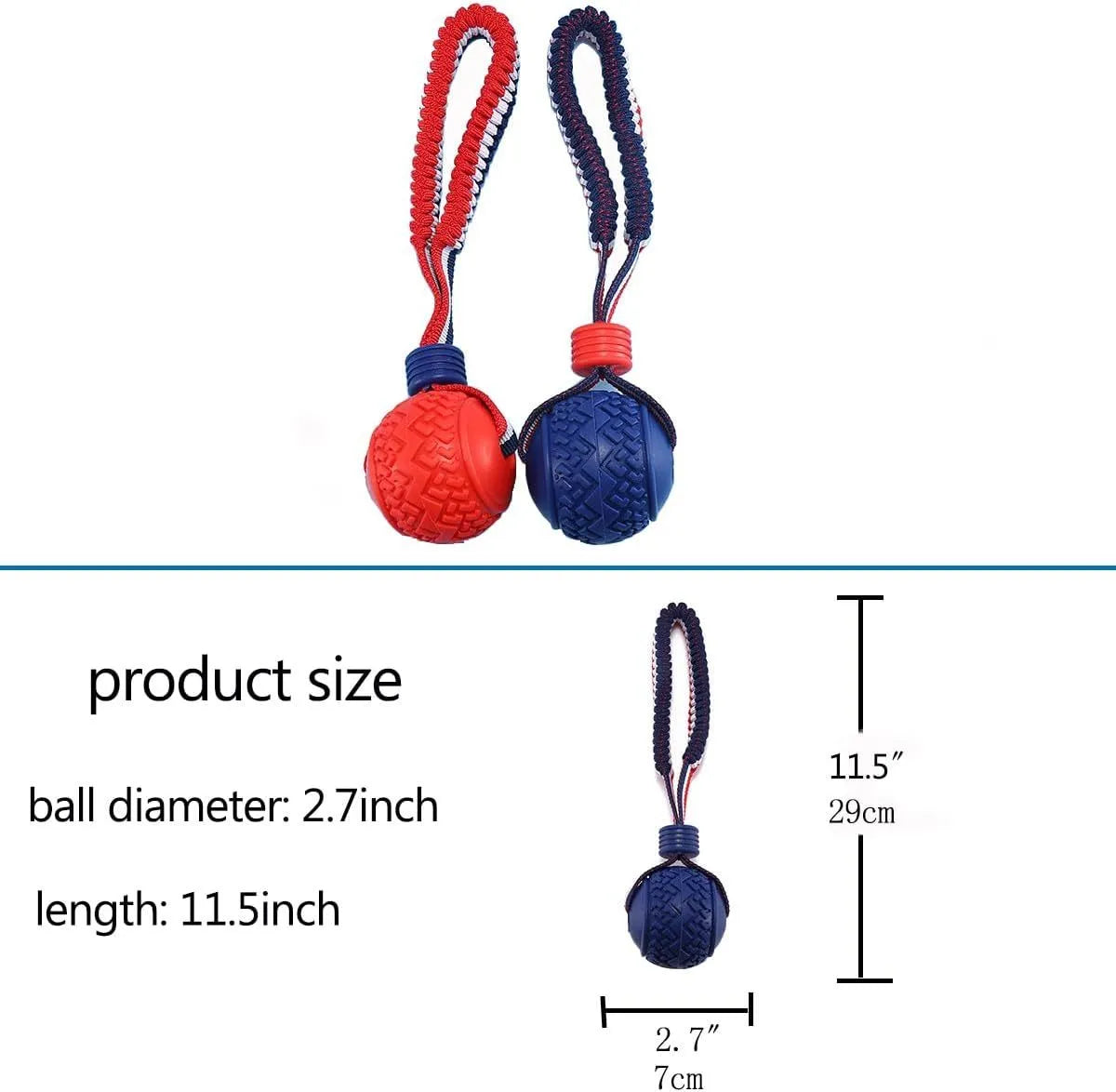 Blue natural rubber dog ball with rope handle for small breed dogs