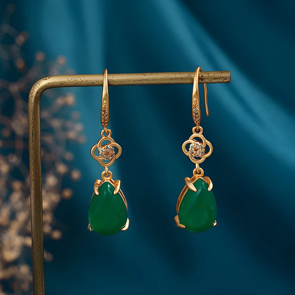 Gold-plated alloy drop earrings with Water Drop Jasper jade, unisex Chinese style for Hanfu and cheongsam