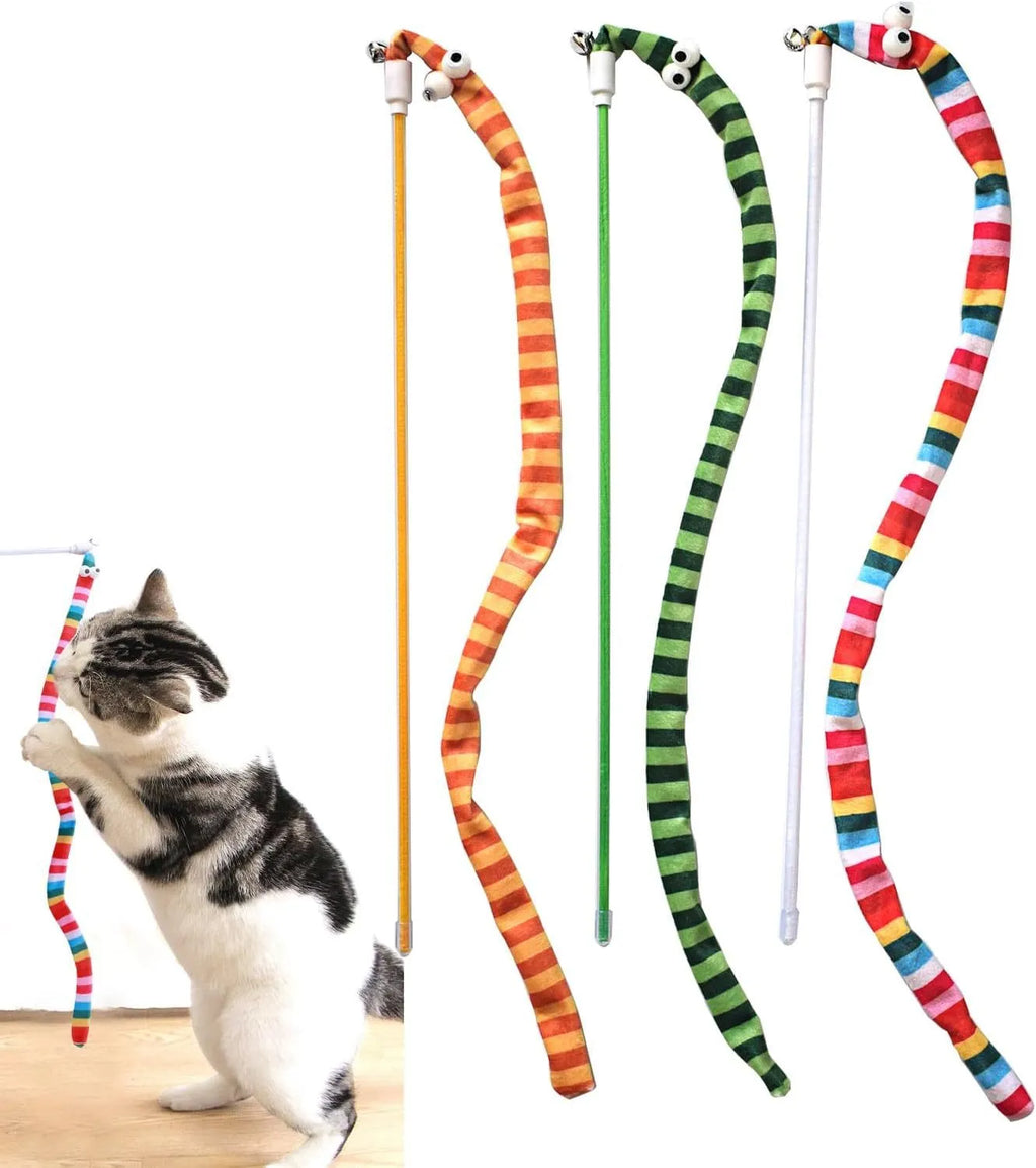 Cat wand toy with polycarbonate handle and colourful plush strip for interactive play