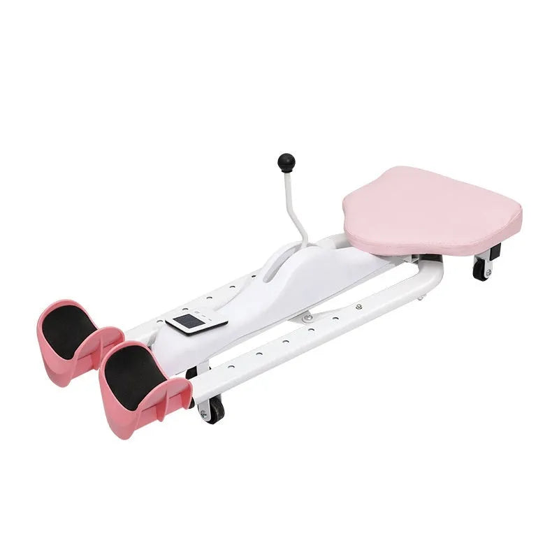 Pink and blue horse leg opener stretching equipment with steel frame, foam padding, and optional backrest.