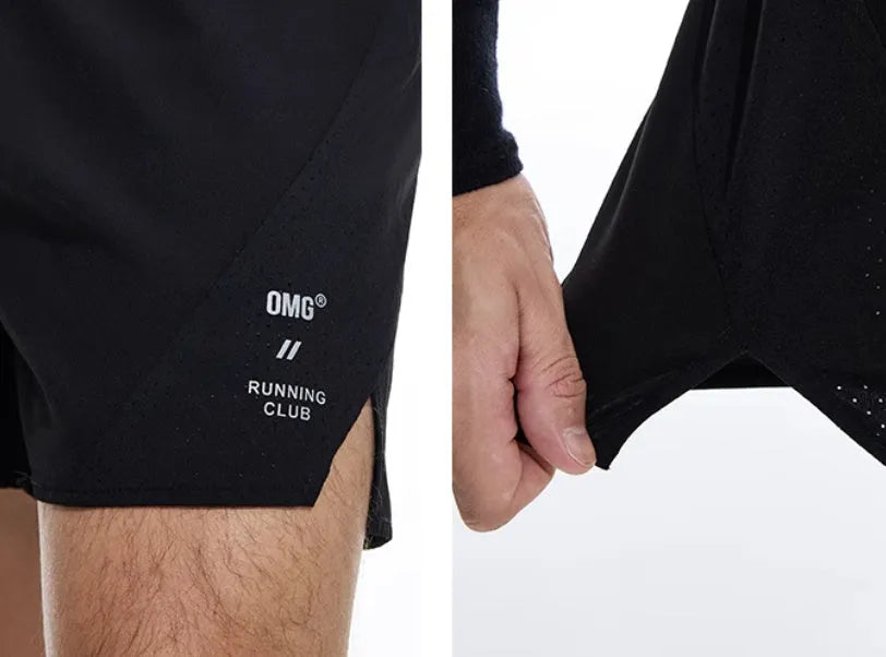 Men's black four-point stretch running shorts with laser-punched stitching detail