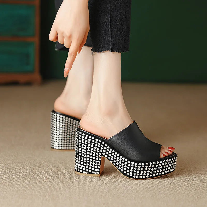 Black women's platform sandals with chunky heel, round toe, and Czech diamond leather upper