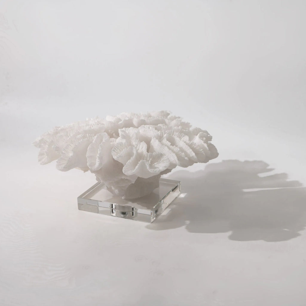 Resin coral ornament in coral colour, 34x31x15cm, on a wooden desktop