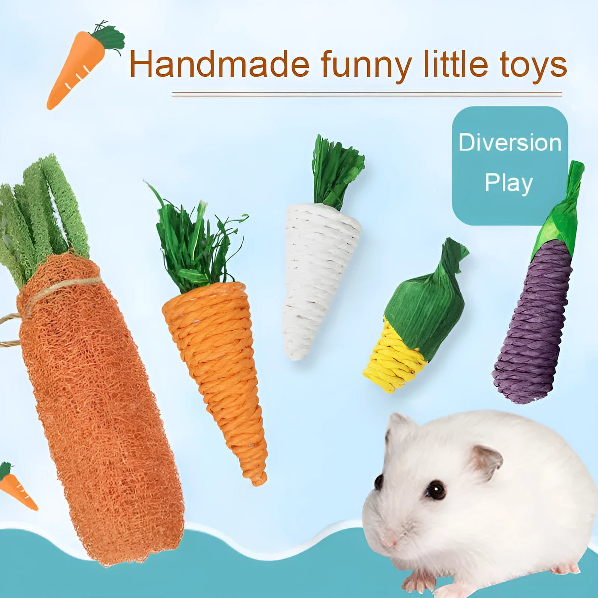 Natural loofah carrot chew toy 20cm for small pets, woven texture on white background