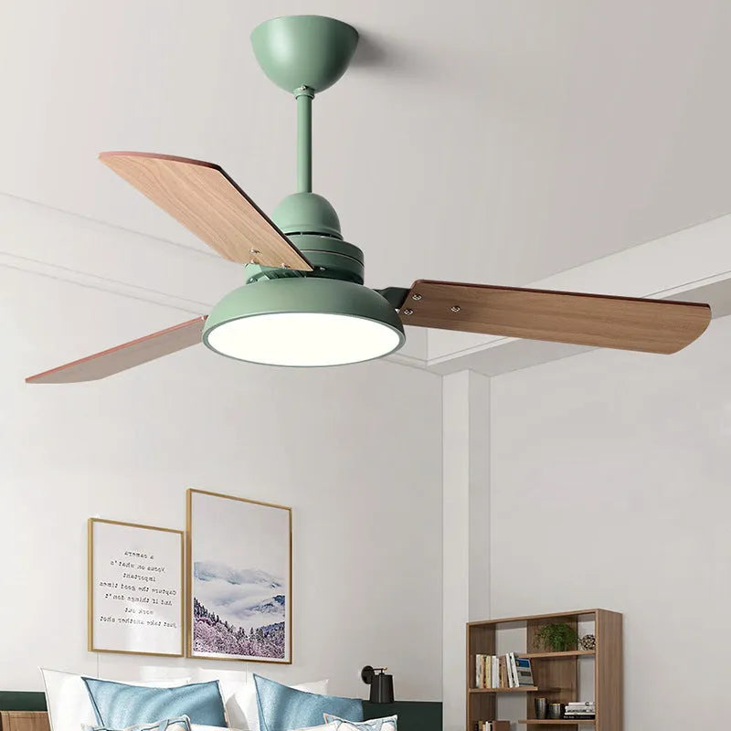 Nordic ceiling fan light with wooden blades and acrylic lampshade in white, available in 42Inch or 48Inch